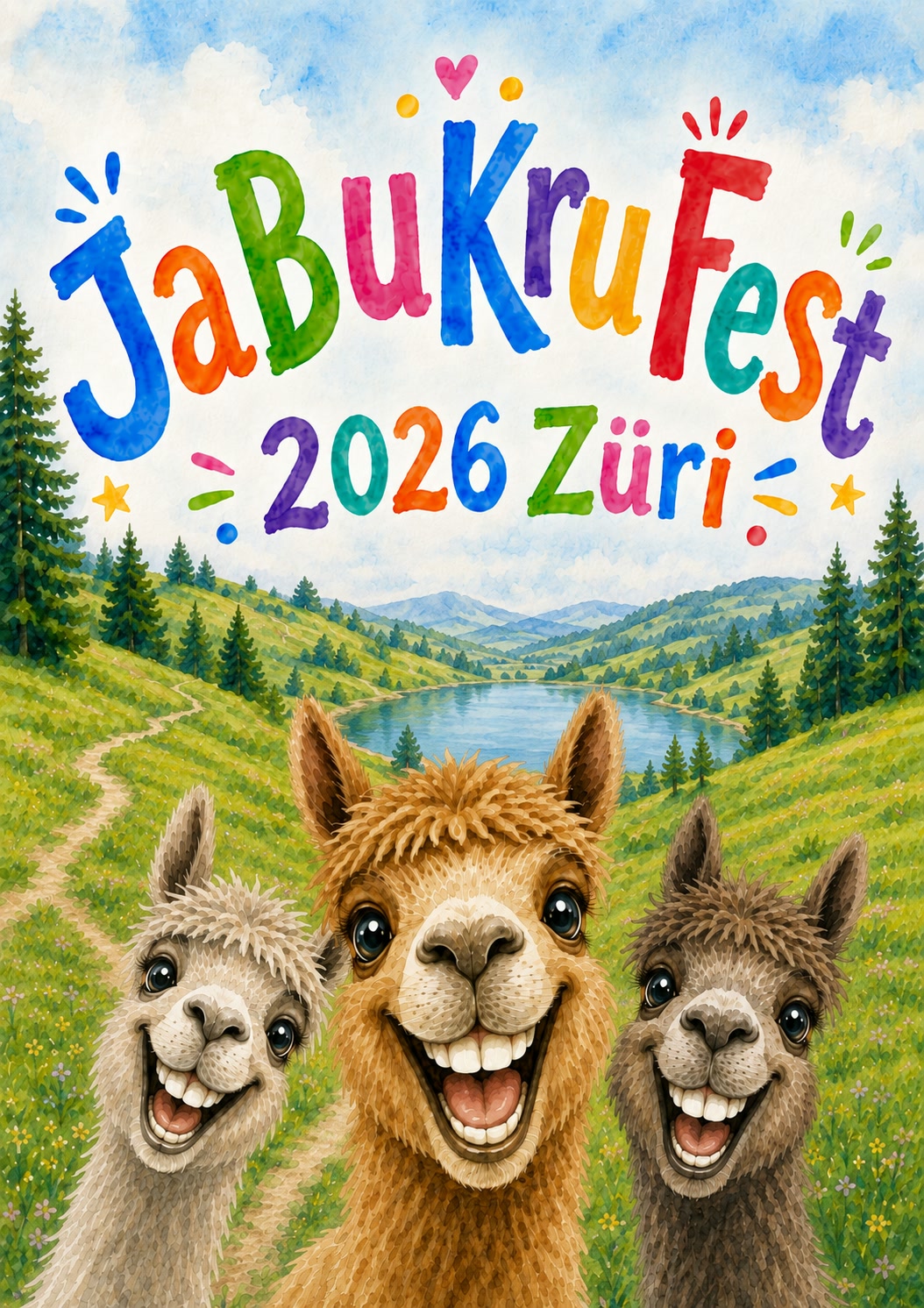 JaBüKrü-Fest 2026 Zürich – drei fröhliche Alpakas vor dem Hüttnersee
