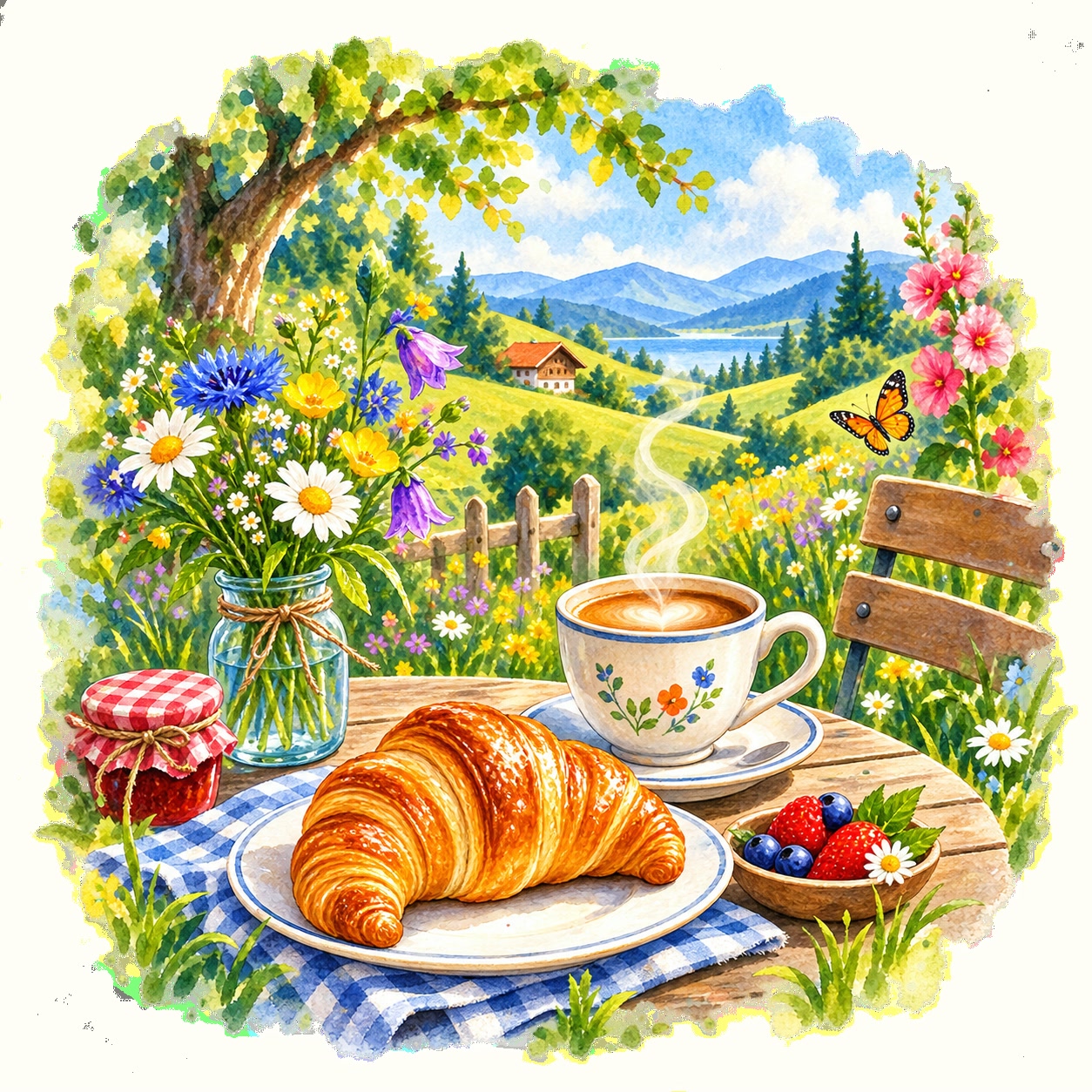 Gipfeli und Kaffee im blühenden Garten