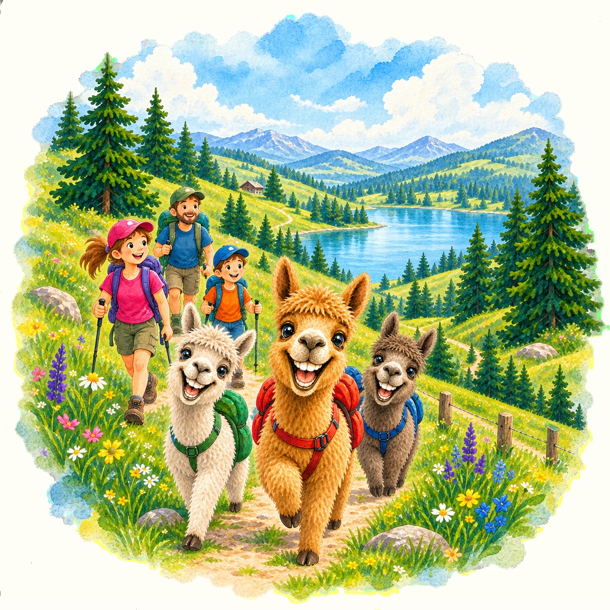 Eine Familie und drei Alpakas wandern durch die Berglandschaft zum See