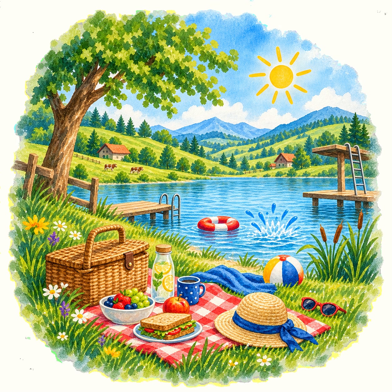 Picknickdecke und Badesteg am sonnigen See