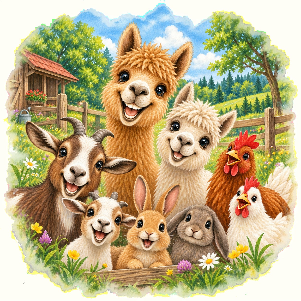 Ziegen, Kaninchen und Hühner auf dem blühenden Minihof