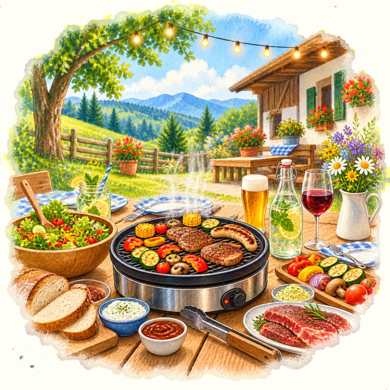 Tischgrill mit Fleisch, Gemüse, Salat und Getränken im Garten