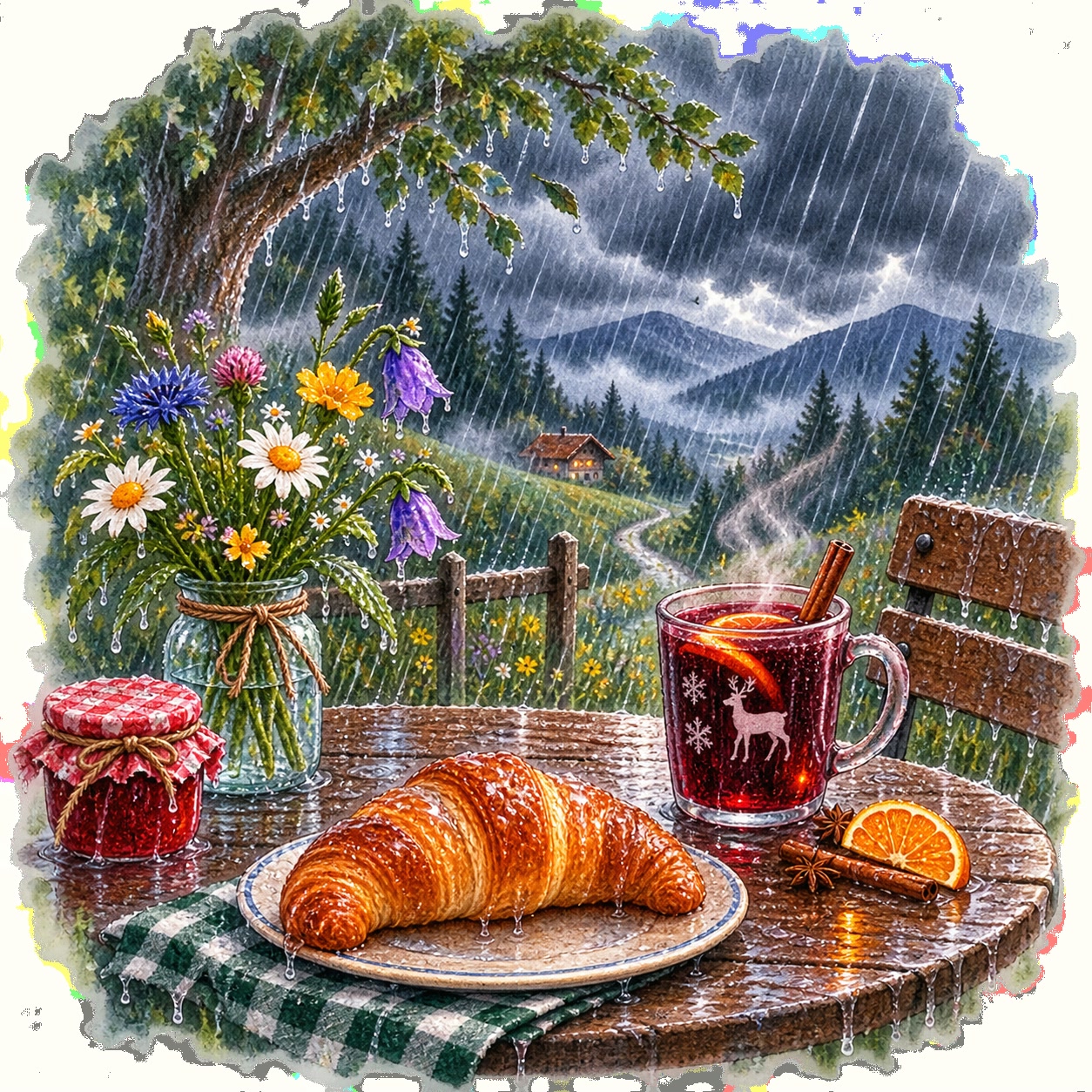 Glühwein und Gipfeli im regnerischen Garten